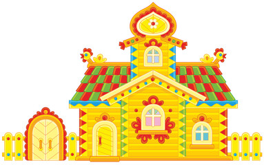 Colorfully decorated log cabin from a fairy tale