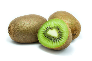 Fresh Whole kiwi fruit, sliced half, fresh pieces kiwi fruit isolated on white background