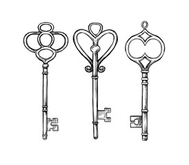 Hand sketched vector illustrations - collections of vintage keys. Design elements with decorative symbols. Medieval keys. Retro clipart. Perfect for invitations, magazins, postcards, prints etc