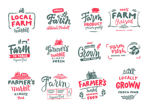 Farm icons set. natural, organic food. Symbol vector illustration. Hand made. Vintage farm logo collection.