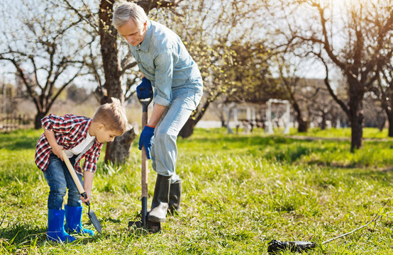 Grandfather and child planting tree together