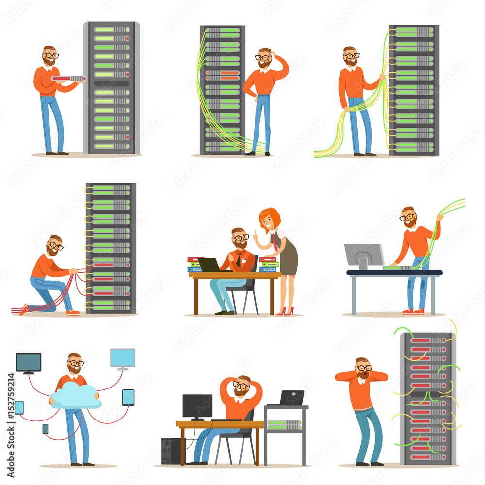 Poster young engineer working in network server room. technician at the data center set of colorful illustr