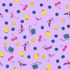 Vector illustration of the cocktail, lemon and berries, heels, and camera seamless pattern on the purple background.