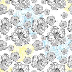 Black and white ink hand drawn roses in vector. Seamless flowers pattern