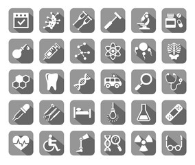 Medicine, icons, grey with shadow, vector.  Medical services specialization. The profession of doctors. Medical instruments. White, flat images on a gray background with shadow.  