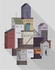 Small urban town with buildings, warehouse, church and factory. Flat vector illustration. 