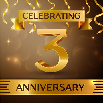 Three Years Anniversary Celebration Design. Confetti and gold ribbon on golden background. Colorful Vector template elements for your birthday party. Anniversary ribbon