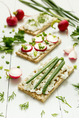 Vegetarian toast with cottage cheese, herbs and radish on a white background. Selective focus, vertical photo.