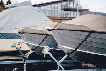 Boat storage facility. power boats shrink wrapped.