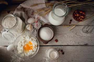 Fresh dairy products. Milk, cottage cheese, sour cream and wheat on rustic wooden background.