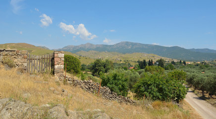 Fototapeta premium Hill and countryside close to Molyvos, Lesvos with stone wall gate and Olive trees