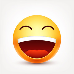 Smiley,laughing emoticon. Yellow face with emotions. Facial expression. 3d realistic emoji. Funny cartoon character.Mood. Web icon. Vector illustration.