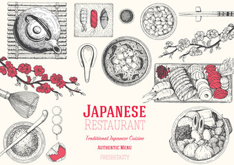 Japan food menu restaurant. Asian food poster with sashimi, miso soup, oden, natto and sushi. Top view frame vector illustration.