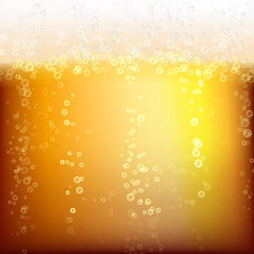 Beer Background Texture With Foam And Vubbles. Macro Of Frefreshing Beer. Vector Illustration