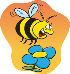 Cartoon illustration of a bee and a flower.