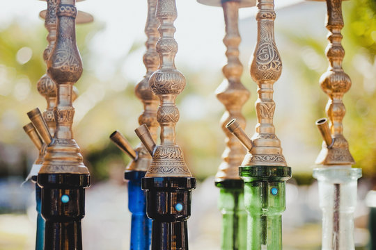 A lot of glass colorful hookahs