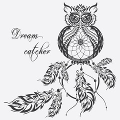 Vector dream catcher owl. White background.