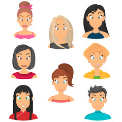 Girls avatars set icons in cartoon style for web and mobile design