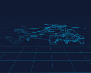 Fototapeta na wymiar Futuristic Helicopter Concept wireframe, perspective 3d technology vector illustration.
