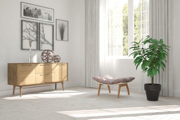 White room with chair and green landscape in window. Scandinavian interior design. 3D illustration