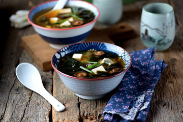 Miso soup with tofu cheese, seaweed, miso pasta and dasi. Japanese food.