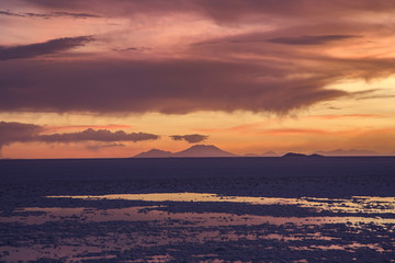 Fototapeta na wymiar Sunset, Post Wet Season, Salar de Uyuni, Bolivia