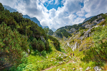 Two people are hiking. Good sunny day in Montenegro. Balkan mountains.