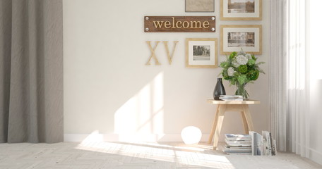 White room with table. Scandinavian interior design. 3D illustration