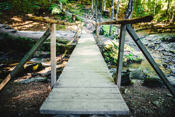 Obraz premium Wooden bridge over a small river in the forest