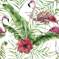 Watercolor floral pattern with exotic flowers, leaves and flamingo. Hand painted ornament  with tropical plant: hibiscus, palm leaves and branches isolated on white background. For design or fabric
