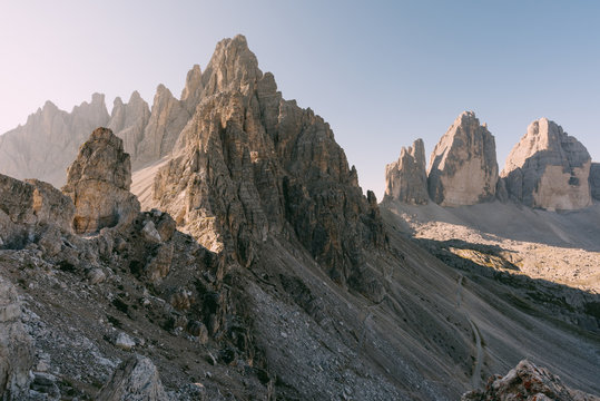 Blick vom Paternkofel Klettersteig zu den Drei Zinnen, Italien