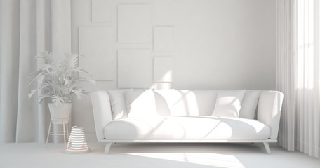 Fototapeta na wymiar White room with sofa. Scandinavian interior design. 3D illustration