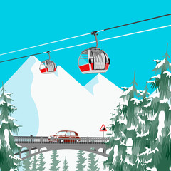 Ski resort in mountains with cable cars, bridge and coniferous trees