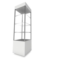 Empty showcase with glass shelves for exhibit. 3D render illustration isolated on white background. Trade show booth blank pedestal for expo design.