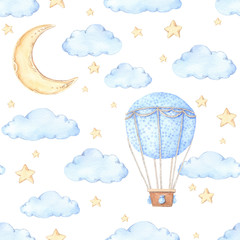Obraz premium Watercolor seamless pattern - Air balloon, moon and stars. Ideas for a children's room. Baby shower party elements. Perfect for prints, postcards, prints, greeting cards, fabric etc