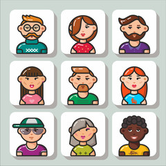 Set of cartoon people avatars- face icons. Vector Isolated flat colorful illustration.