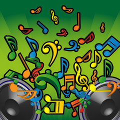 Fototapeta premium 3D Colorful Speakers and Flying Musical Notes Concept Background 