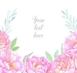 Watercolor illustration. Floral frame with peonies flowers. Wedding invitation/greeting card with leaves, peonies, blue flowers. Ready to use card. Save the date.