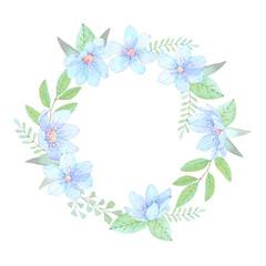Watercolor illustration. Floral wreath with leaves and blue flowers. Perfect for Wedding invitation or greeting card. Ready to use card. Save the date.