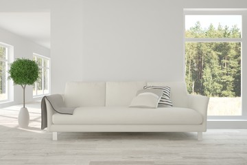 White room with sofa and green landscape in window. Scandinavian interior design. 3D illustration