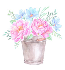 Watercolor illustration. Bucket with Floral elements. Bouquet with peonies, blue flowers, leaves and branches. Perfect for Wedding invitation, greeting card, prints or posters.