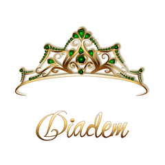 Diadem or crown made of gold and precious stones, emeralds on a white background. © Anastasia