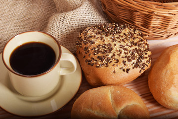 Breakfast with fresh warm bread and coffee