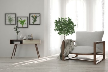 White modern room with armchair. Scandinavian interior design. 3D illustration