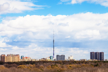 Fototapeta premium Moscow cityscape with TV tower and park in spring
