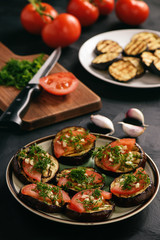 Appetizers- grilled eggplants with tomatoes, garlic and dill.