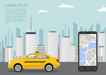 Urban cityscape with taxi cab, smartphone and taxi service application. Vector illustration in flat style