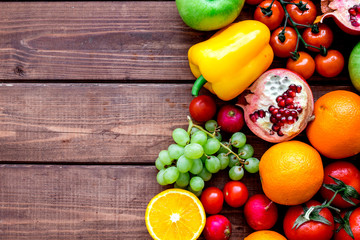 summer food with fresh fruits and vegetables top view space for text
