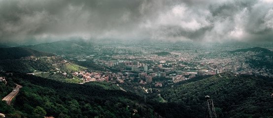 Aerial panoramic view on Barcelona town from Tibidabo mount, Spain