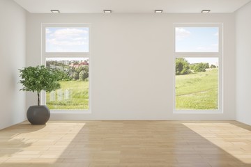 White empty room with green landscape in window. Scandinavian interior design. 3D illustration